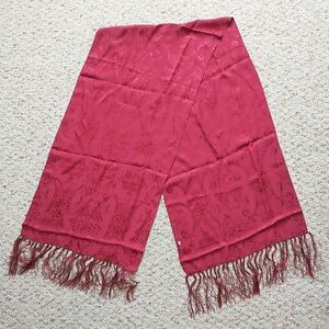Cq 100% Silk Scarf Red Fringes Floral Geometric Asian Indian Rectangle 14x58"
